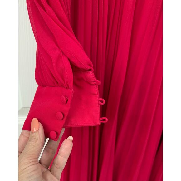 Bagdley Mischka Plisse pleated chiffon formal gown ($795) Pink long sleeve 2 - Picture 7 of 11